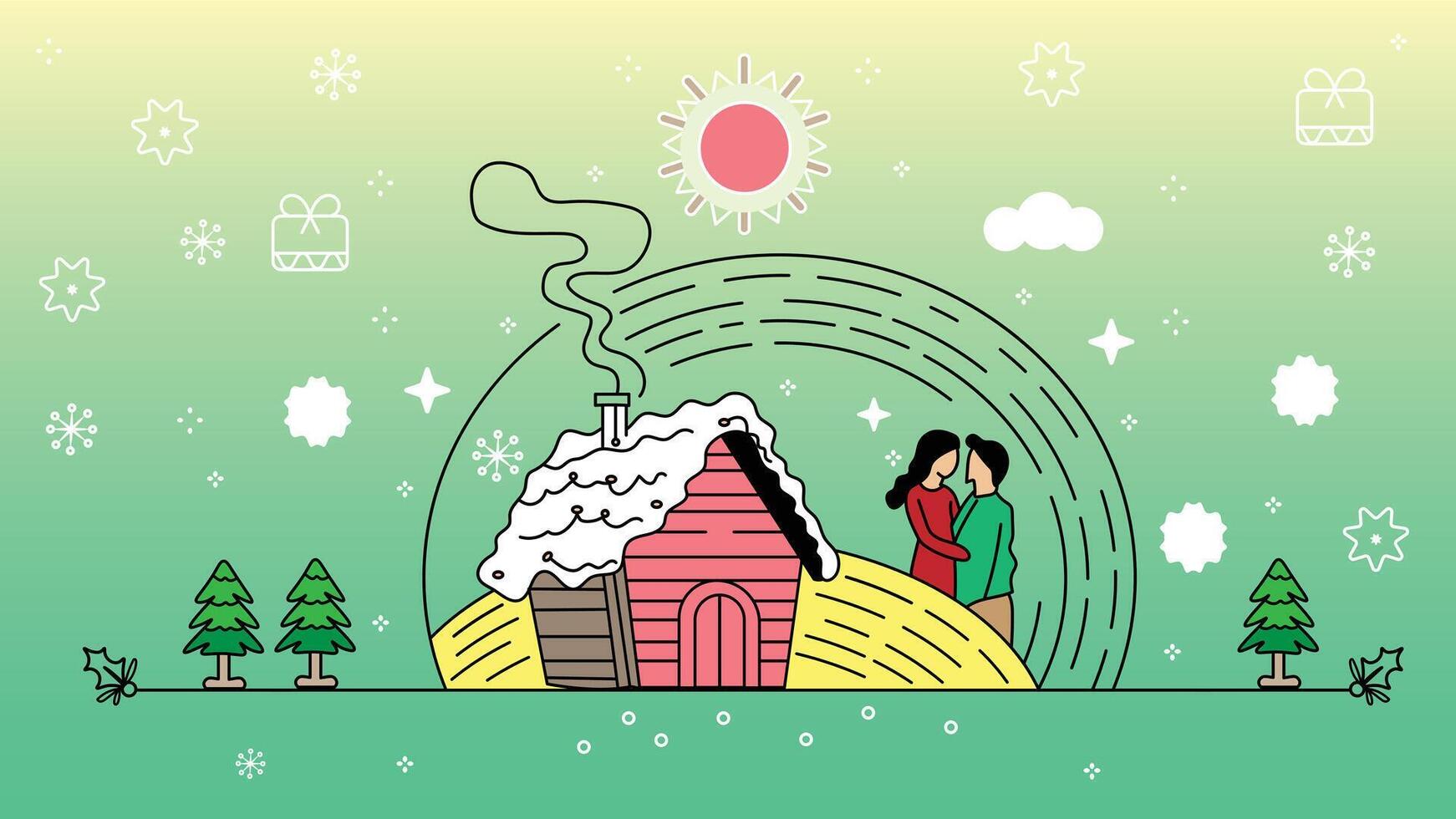Christmas abstract background concept with family or couple, winter wooden hut with smoke, pine trees and decoration. Beautiful holiday landscape illustration. vector