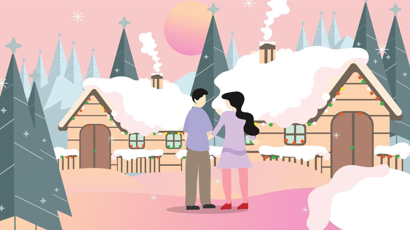 Christmas background concept with family or couple, winter wooden hut with smoke, pine trees and decoration. Beautiful holiday landscape illustration. vector
