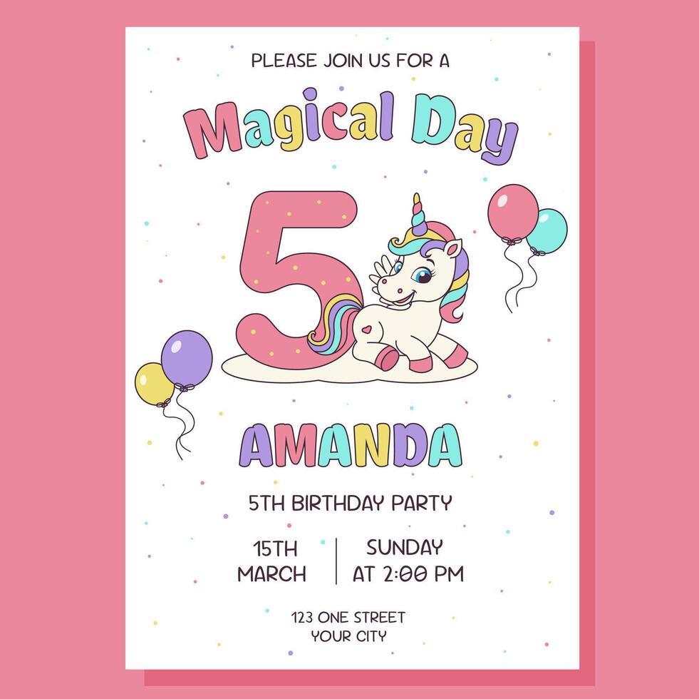 Birthday party invitation card with unicorn and birthday anniversary number. Unicorn concept. vector