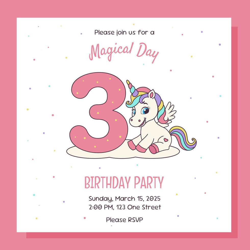 Unicorn invitation. Birthday party invitation card with unicorn and birthday anniversary number. vector
