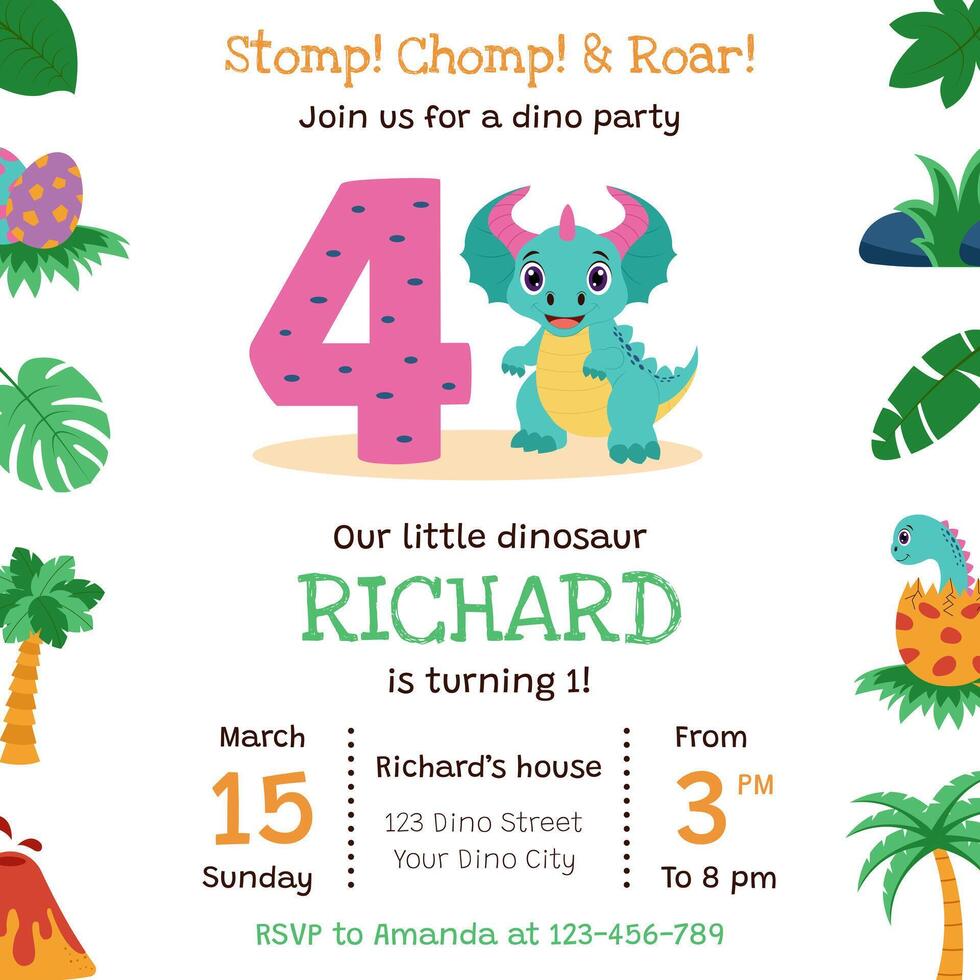 Dinosaur concept. Birthday party invitation card with dinosaur and birthday anniversary number. vector