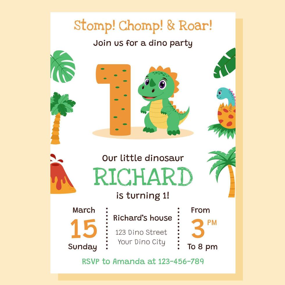 Party invitation for birthday. Dinosaur concept. Invitation with dinosaur and birthday anniversary number. vector