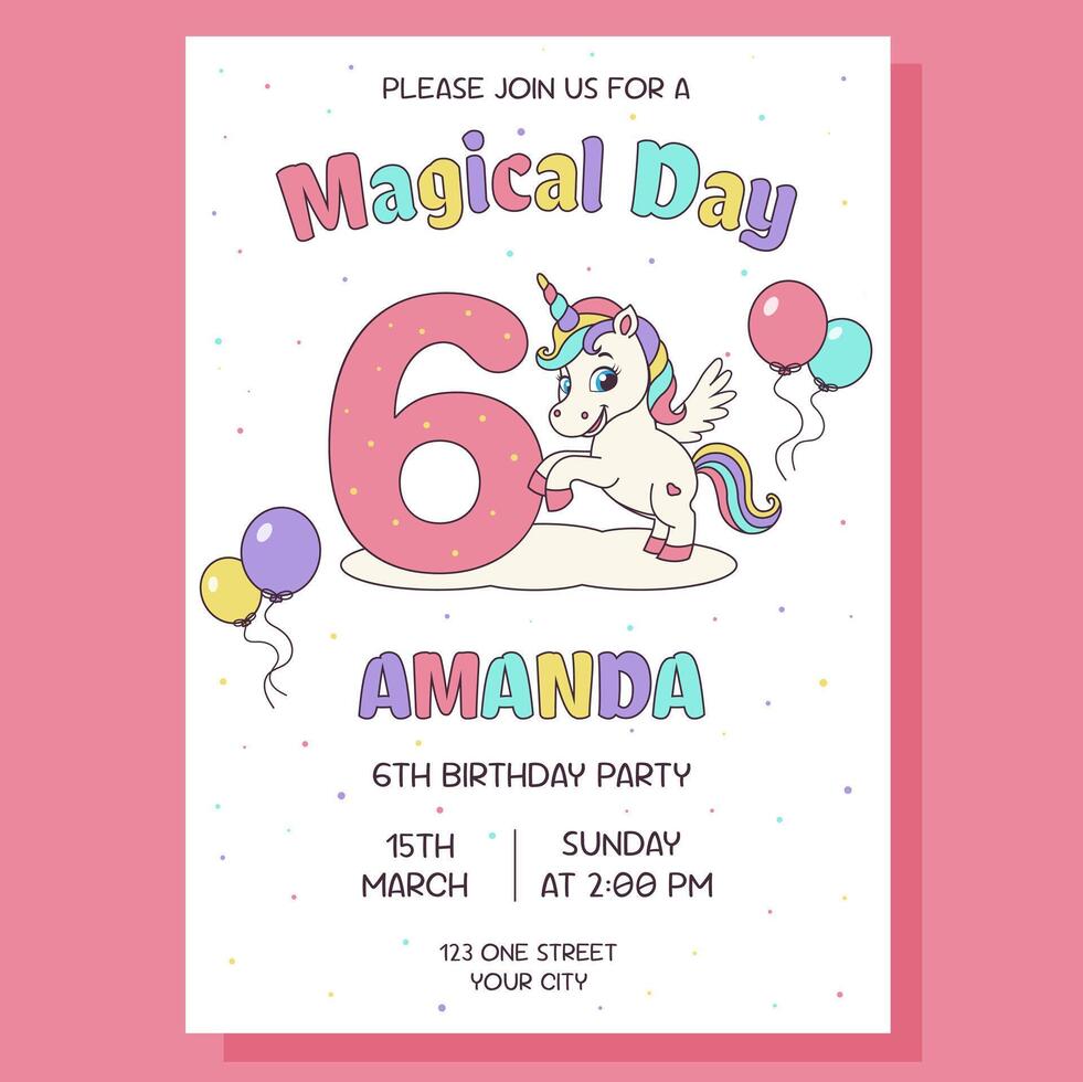 Invitation for birthday party. Invitation with unicorn and birthday anniversary number. vector