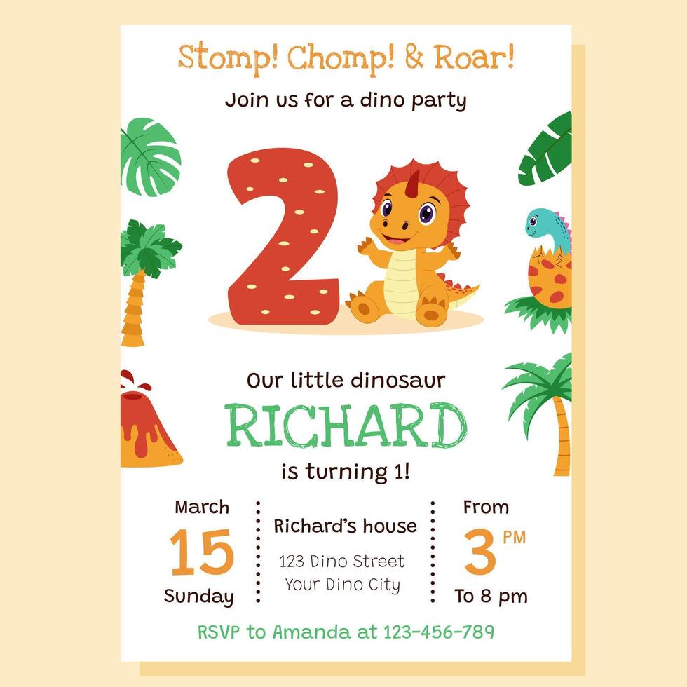 Birthday invitation for party with dinosaur concept. Invitation with dinosaur and birthday anniversary number. vector