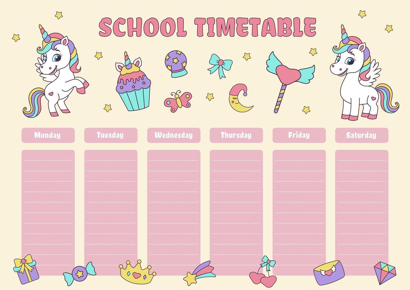 School timetable. Timetable with magic elements and unicorns. Unicorn concept. vector