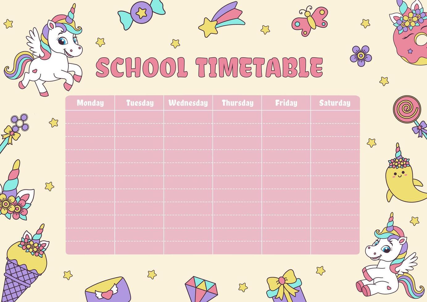 Unicorn school timetable. Timetable with magic elements and unicorns. vector