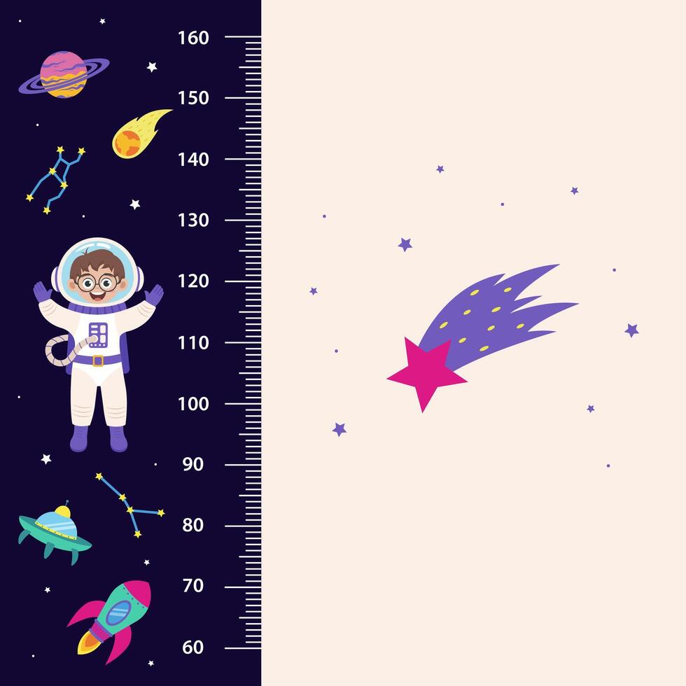 Space height chart for children with space elements and boy. vector