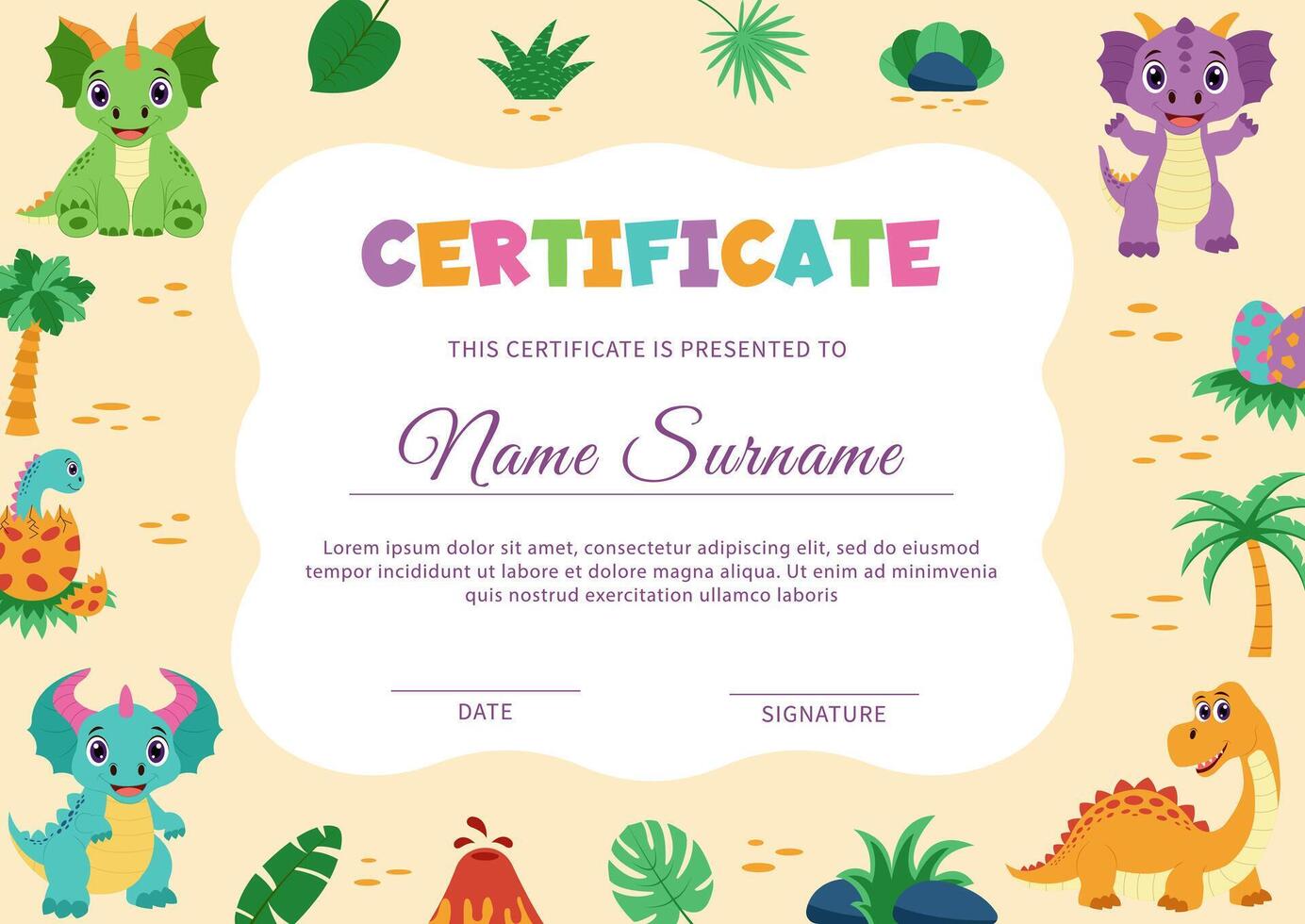 Dinosaur diploma, certificate. Template with dinosaurs and tropical plants. vector