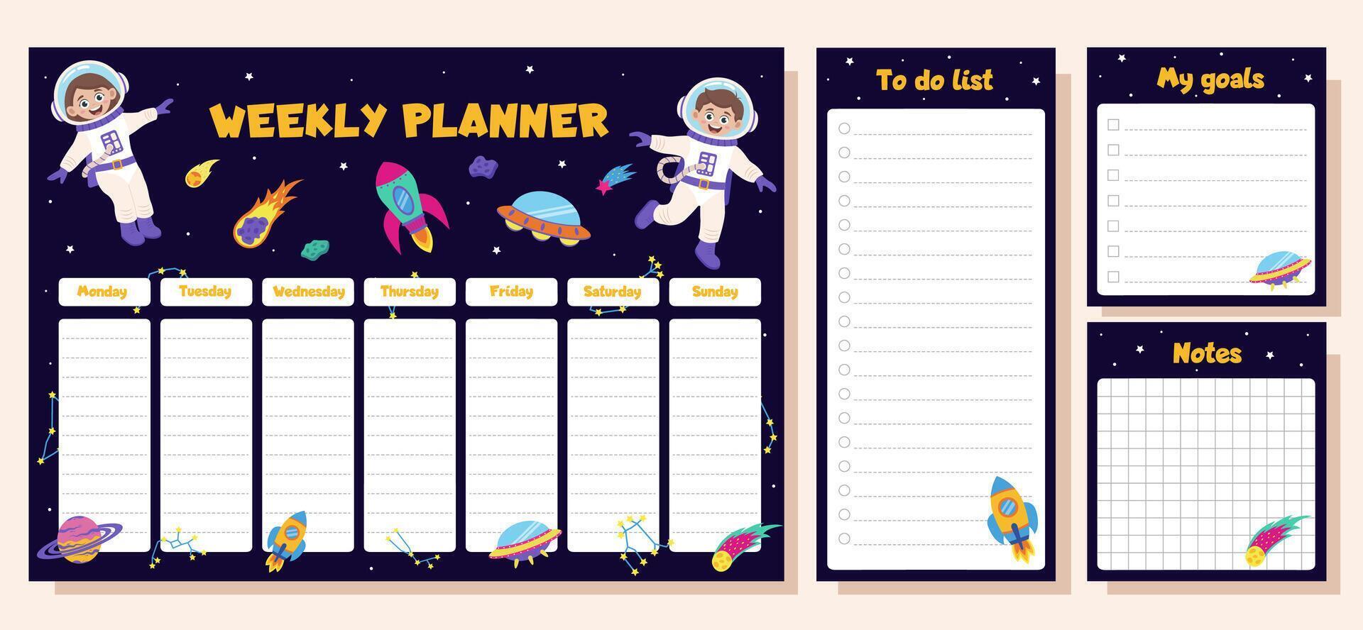 Weekly planner, to do list, goals and notes. Set with space elements and children astronauts. Space concept. vector