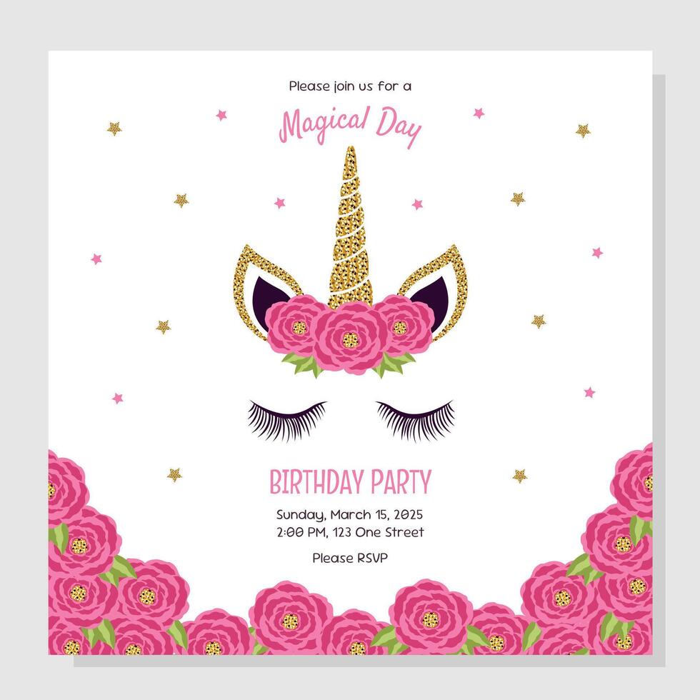 Unicorn birthday party invitation, greeting card. Invitation with unicorn elements and roses. vector