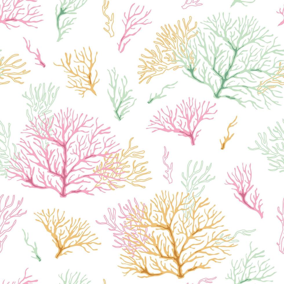 Seamless pattern with corals. Marine texture with algae in flat style. Suitable for wallpaper, fabric, paper, etc vector