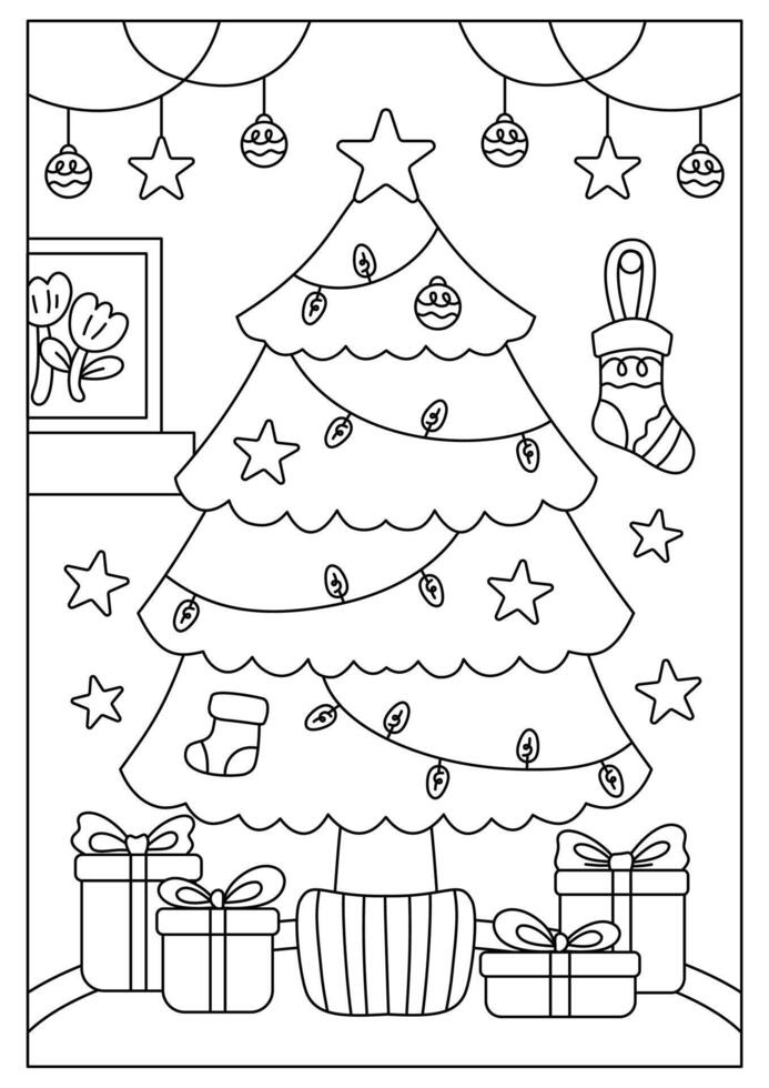Decorated Christmas Tree Printable Coloring Page for Kid vector