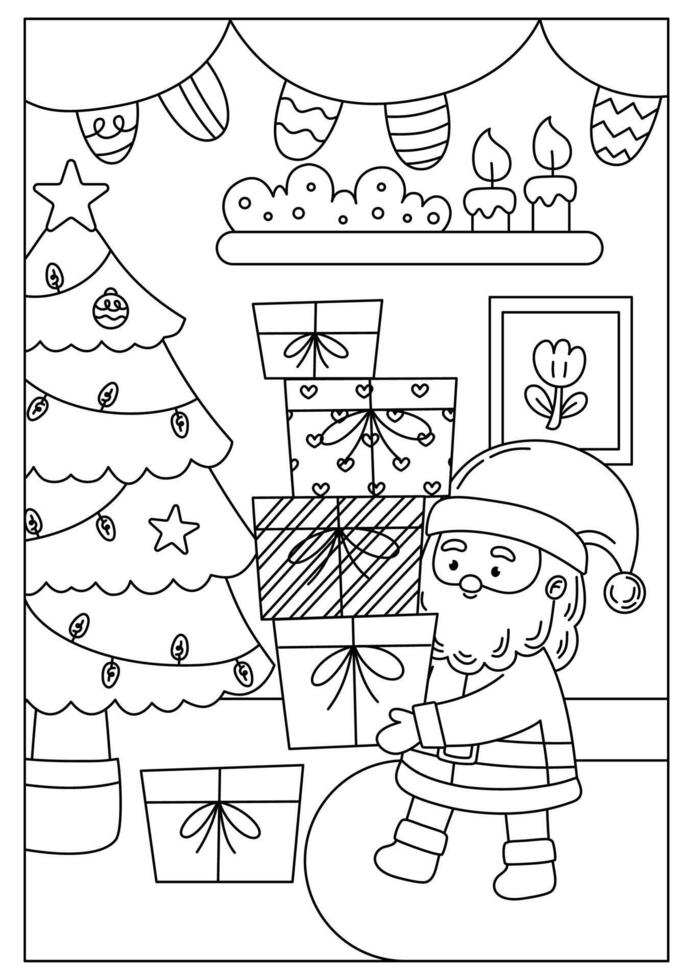 Santa holding Presents Christmas Printable Coloring Page for Kid vector