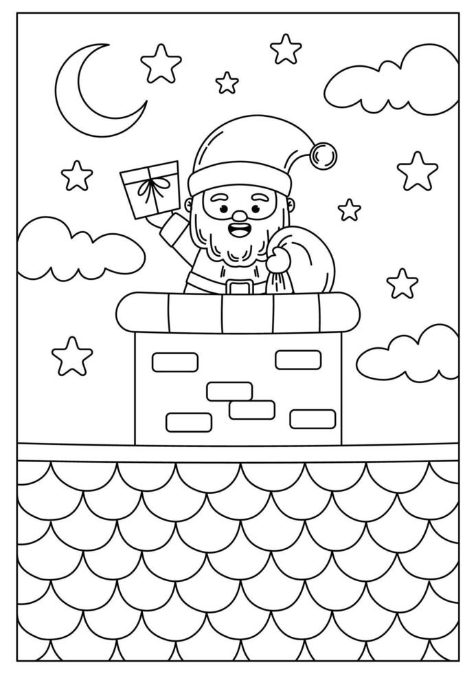 Santa Claus on Chimney Christmas Printable Coloring Page for Kid vector