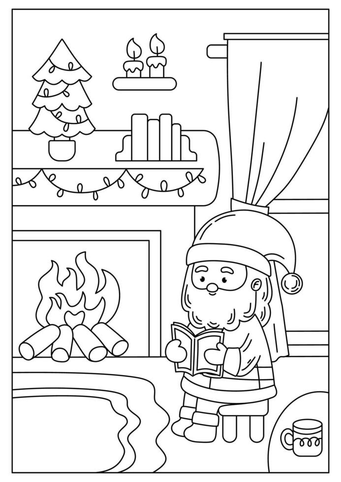 Santa Claus Reading Christmas Printable Coloring Page for Kid vector