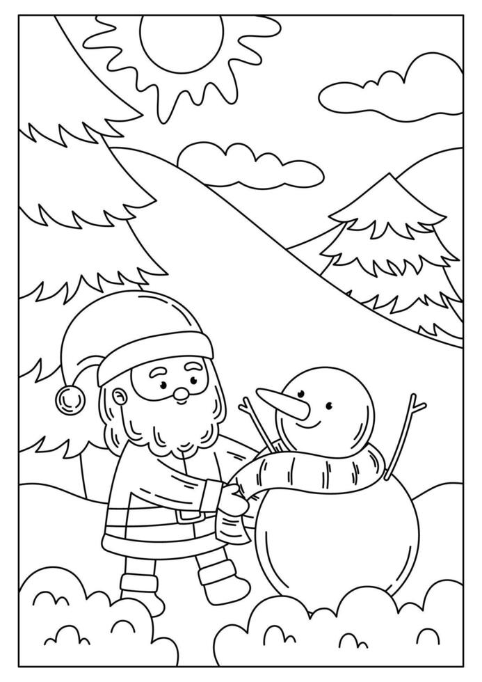 Santa with Snowman Christmas Printable Coloring Page for Kid vector
