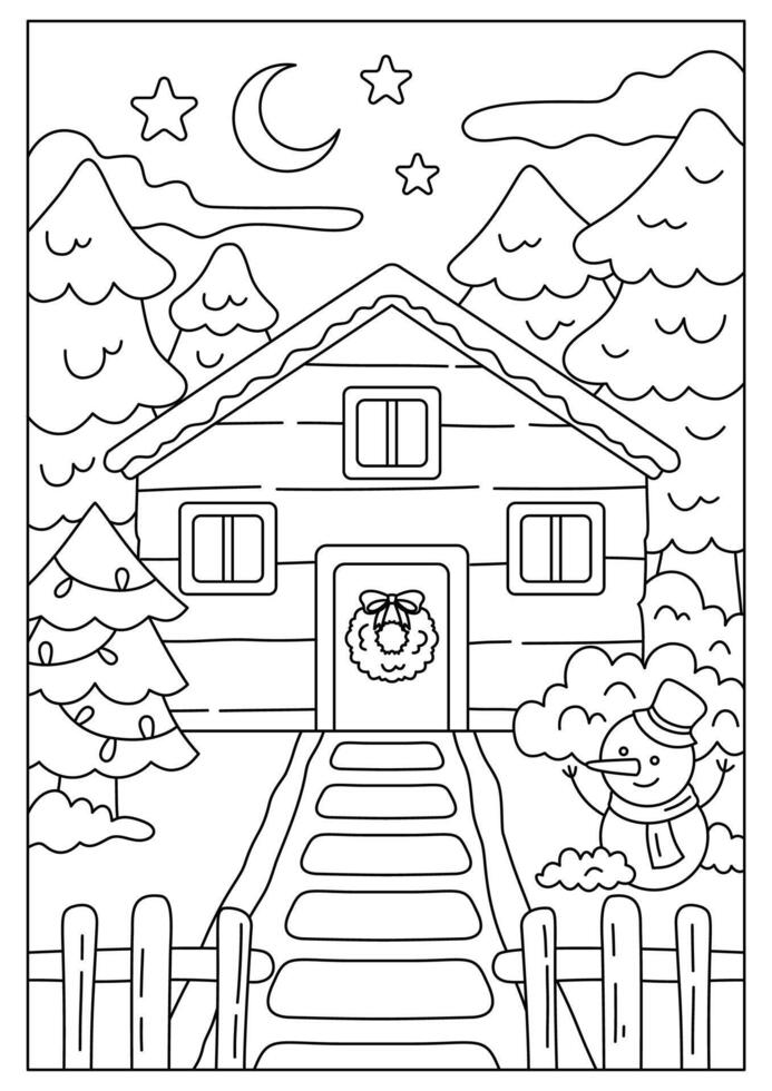 Christmas Cabin Printable Coloring Page for Kid vector