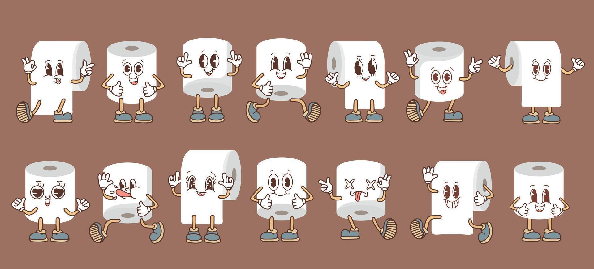 Set of toilet paper rolls in different positions. Illustration of brown poop. Toilet and bathroom element. Hygiene and sanitation. Background of the color of the year 2025 Mocha Mousse. vector