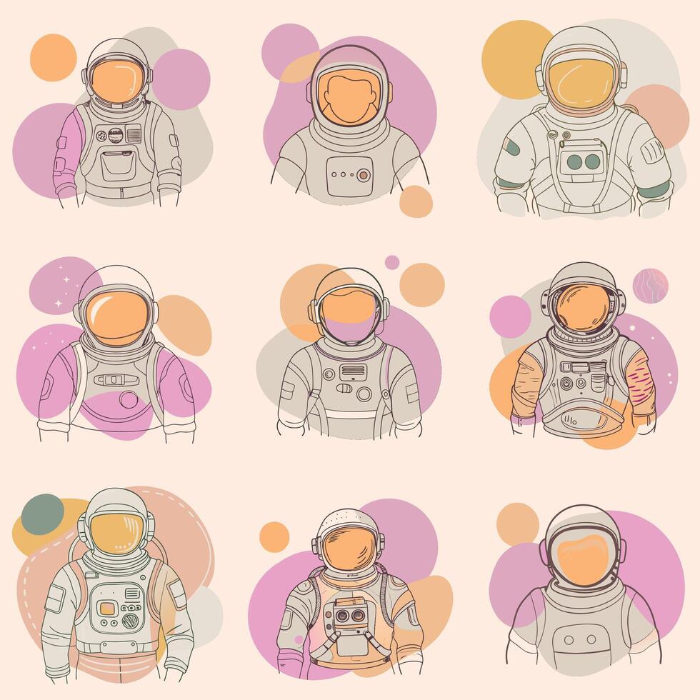 Set of astronaut in various poses in outer space. Spaceman galaxy exploration. Hand darw illustration vector