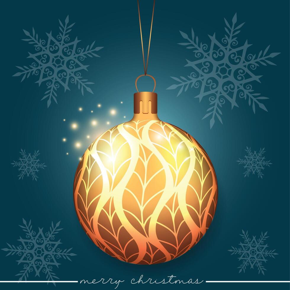Glistening realistic Christmas bauble featuring a leaf pattern design, set against a blue background. vector