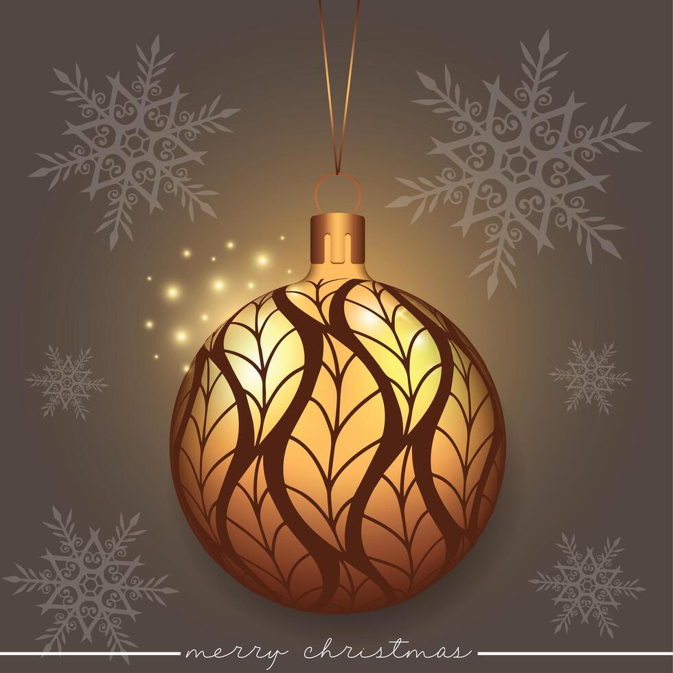 Glistening realistic Christmas bauble featuring a leaf pattern design, set against a brown background. vector