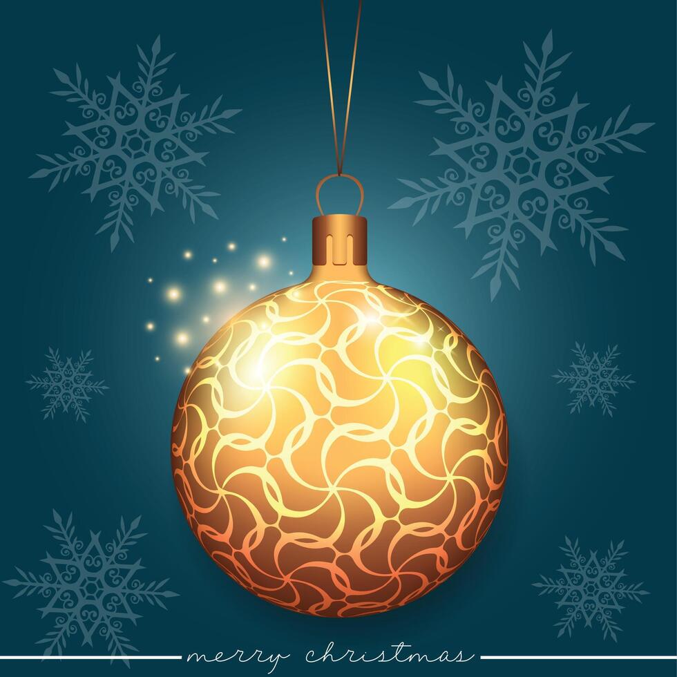 Decoratively designed bauble with a line pattern, set against a blue background adorned with snowflakes. vector