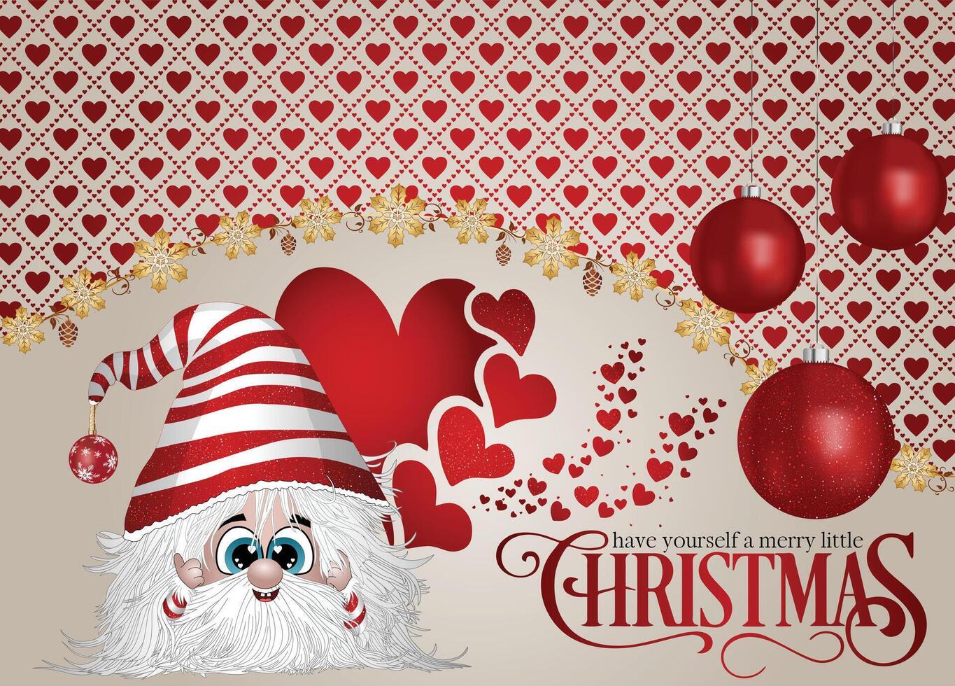 A adorable gnome in a red striped hat, embellished with festive Christmas baubles and set against a lovely heart patterned background. vector