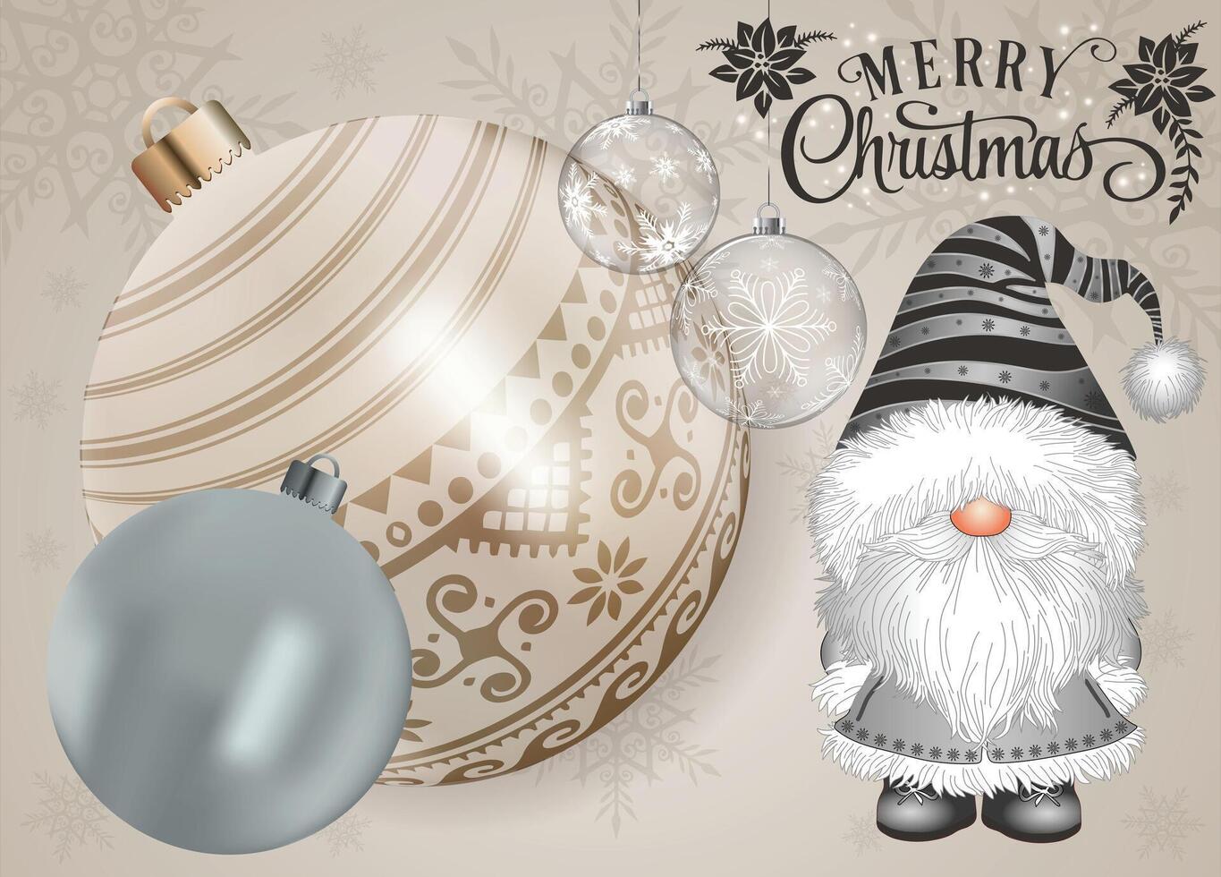 Charming gnome dressed in a gray Christmas outfit, adorned with pearl like baubles. vector