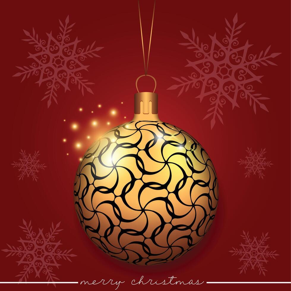 Decoratively designed bauble with a line pattern, set against a red background adorned with snowflakes. vector