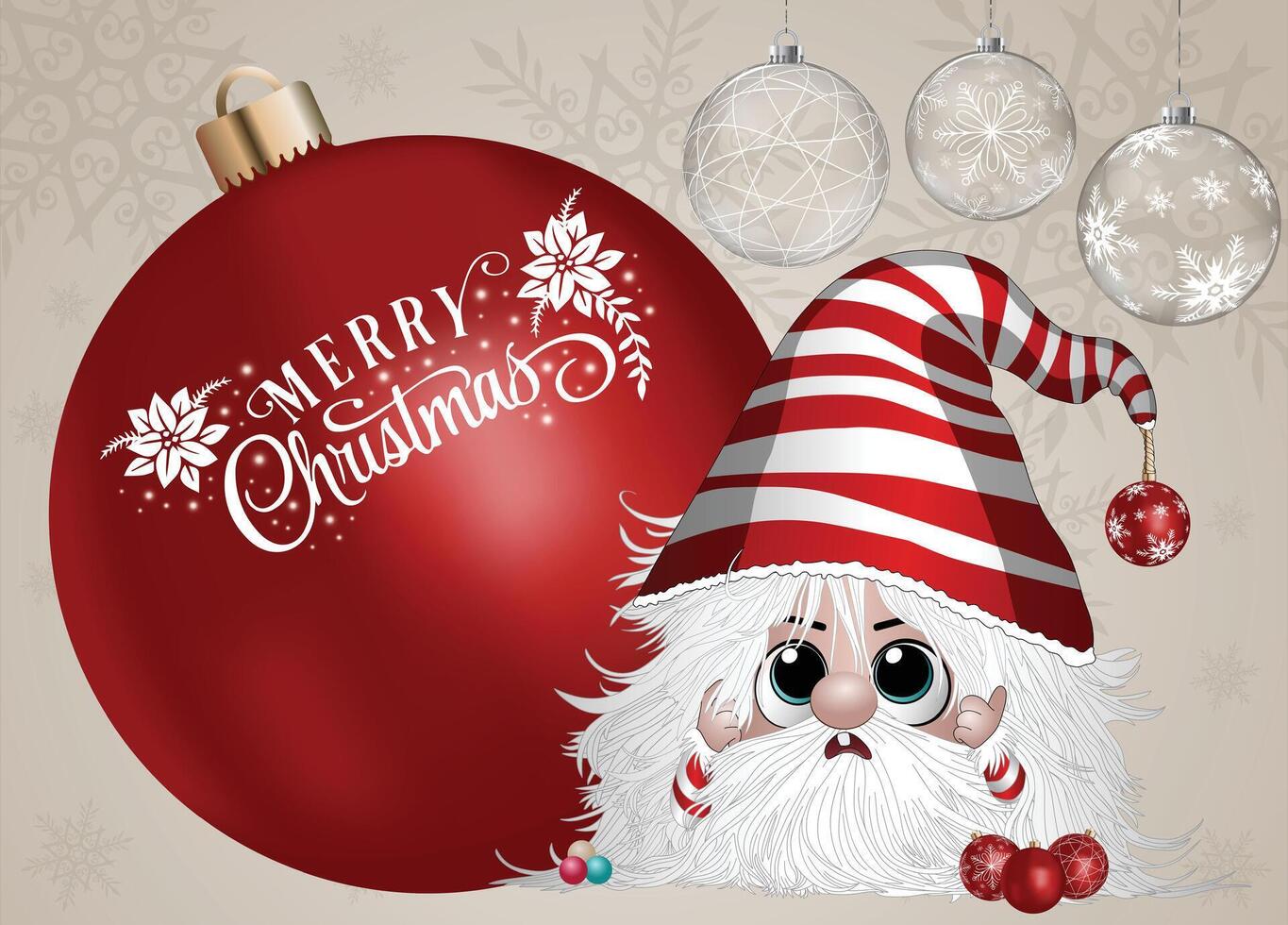 A charming gnome in a red Santa suit sitting beside a Christmas ornament featuring the text Merry Christmas. vector