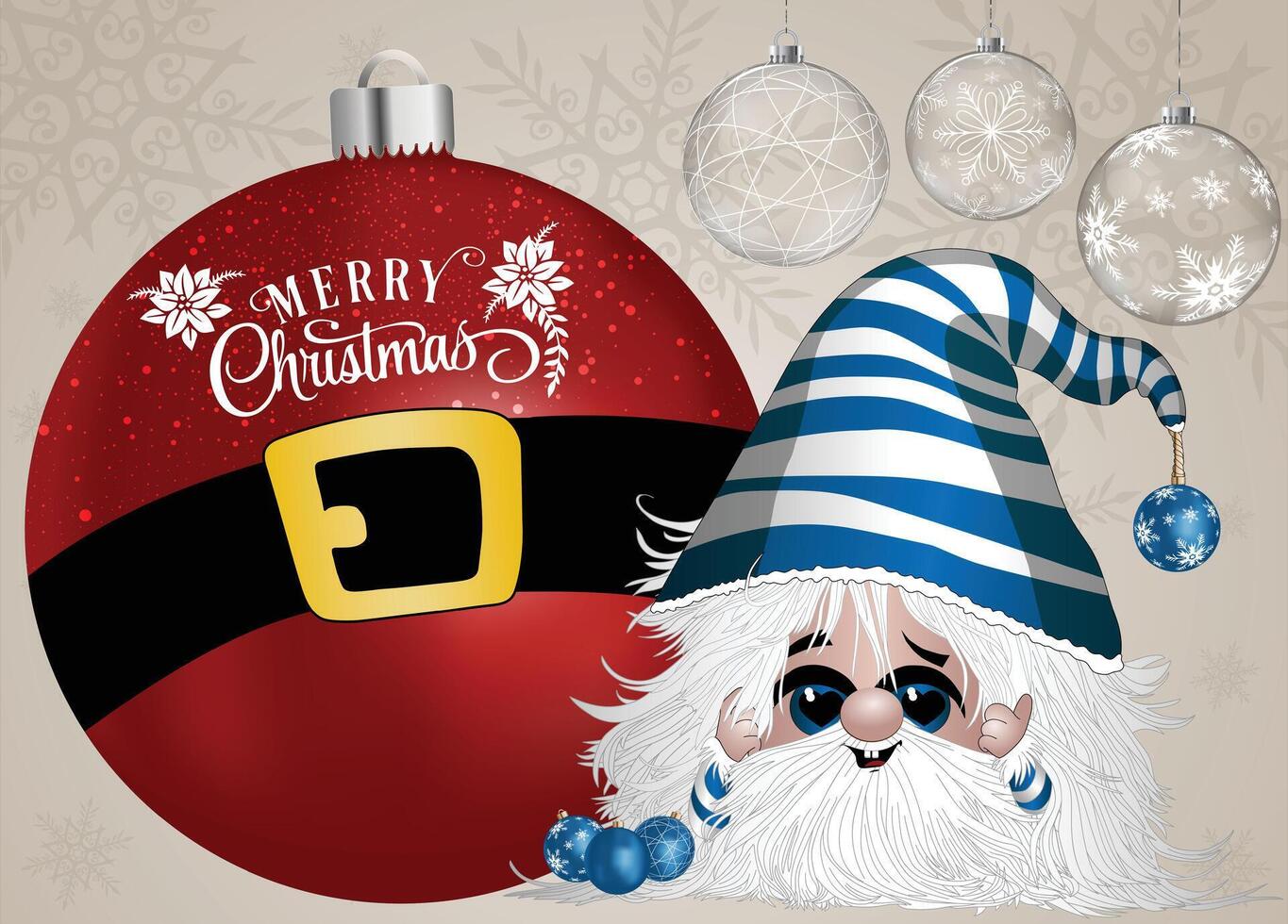 A charming gnome in a blue suit standing next to a Christmas bauble designed to resemble Santa's suit. vector
