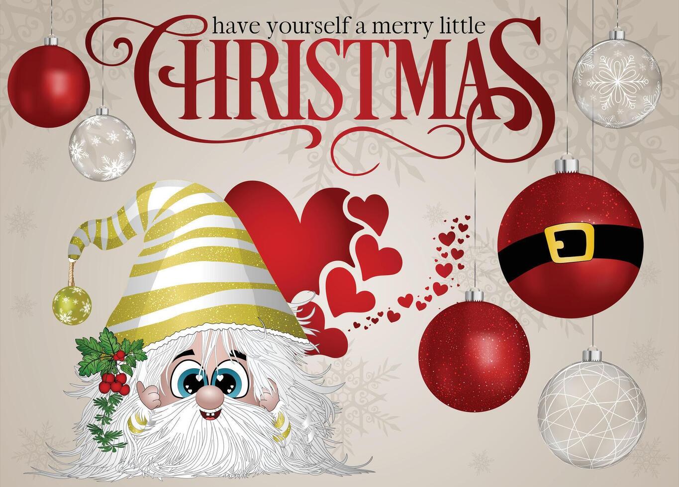 A cute gnome in a yellow striped suit with Christmas baubles and hearts in the background. vector