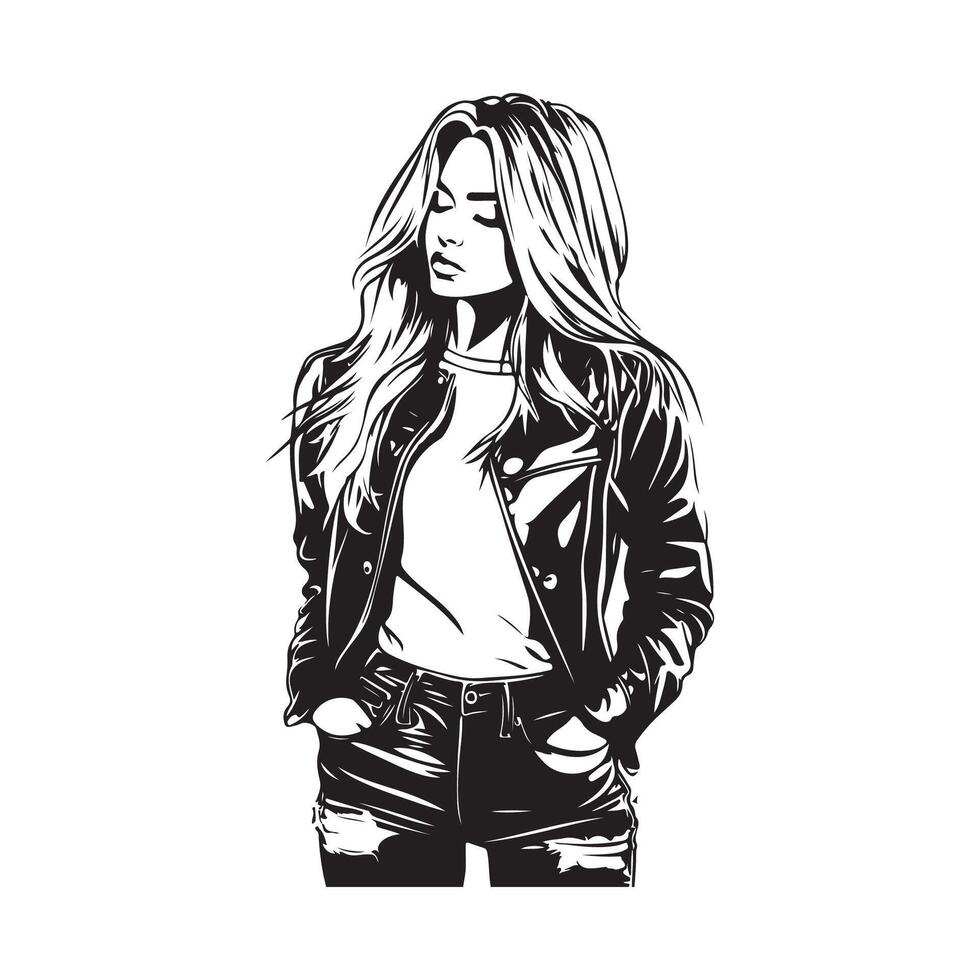 Girl Black Jacket Long Hair Fashion image isolated on white background. vector