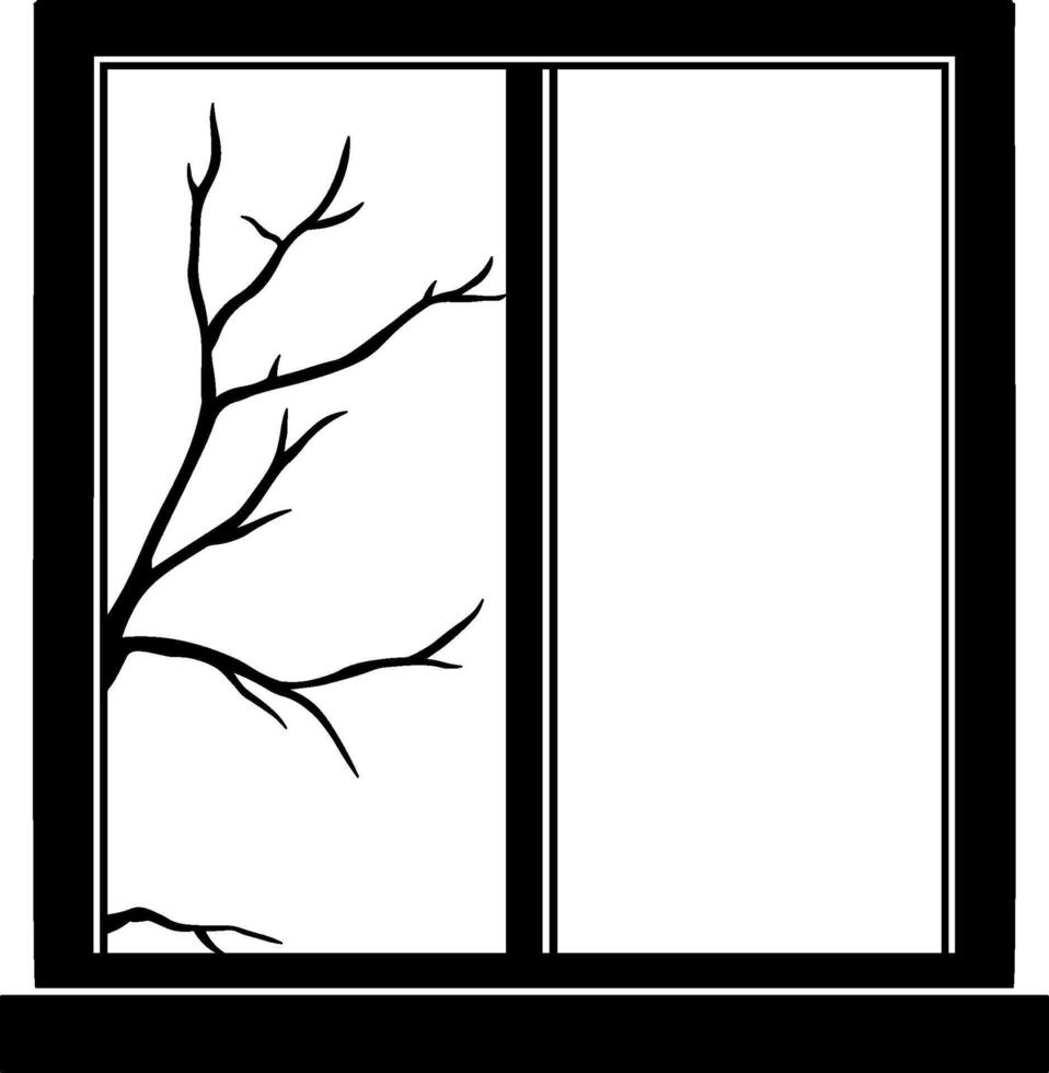 black silhouette of window with branches from tree background vector