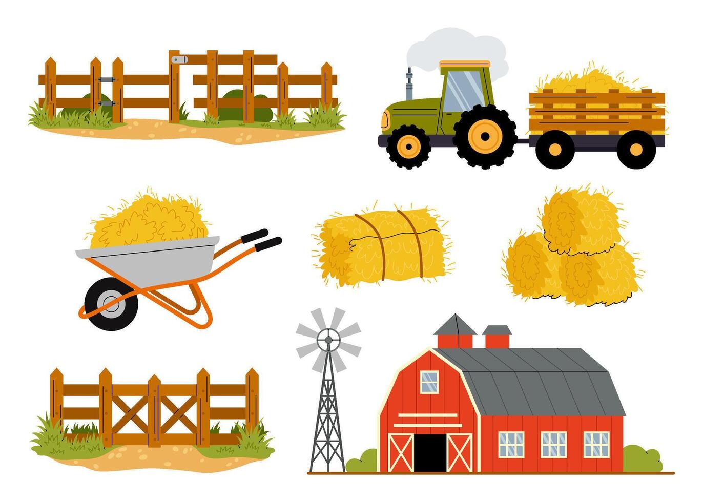 Farm. Agricultural machine. Farm building and equipment. Set of flat illustrations of hay, tractor with trailer, barn with windmill, wooden fence. vector