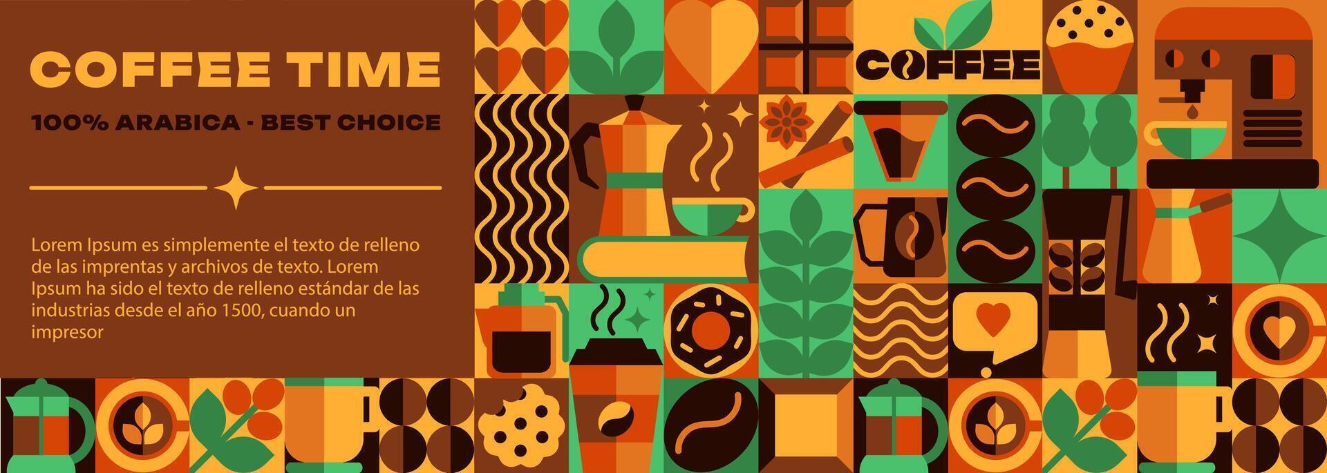 The hero image and banner template with Bauhaus Coffee Pattern, Icons, Abstract Symbols in Geometric vector