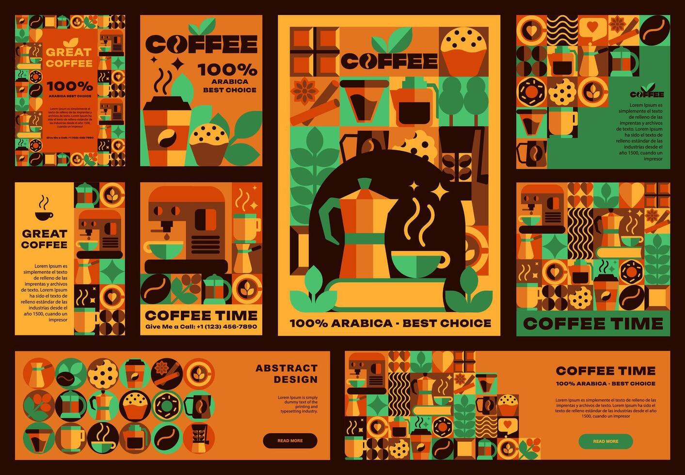 Banners and posters, flyers, cards of Bauhaus Coffee with seamless patterns, Icons, Abstract Symbols vector
