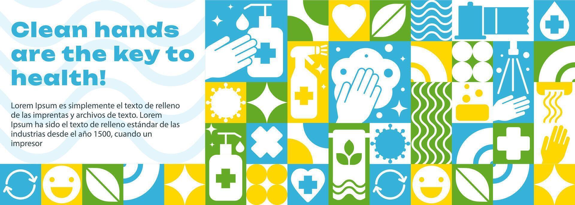 The hero image and banner Medical Seamless Pattern in Bauhaus-Style. Health and Hygiene Icons vector