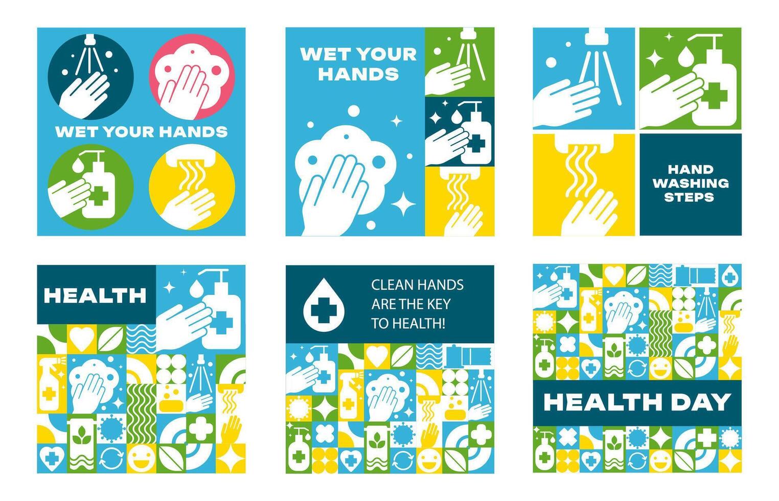 Bauhaus Medical Square Banners with Seamless Patterns. Clean Hands and Health Symbols, icons vector