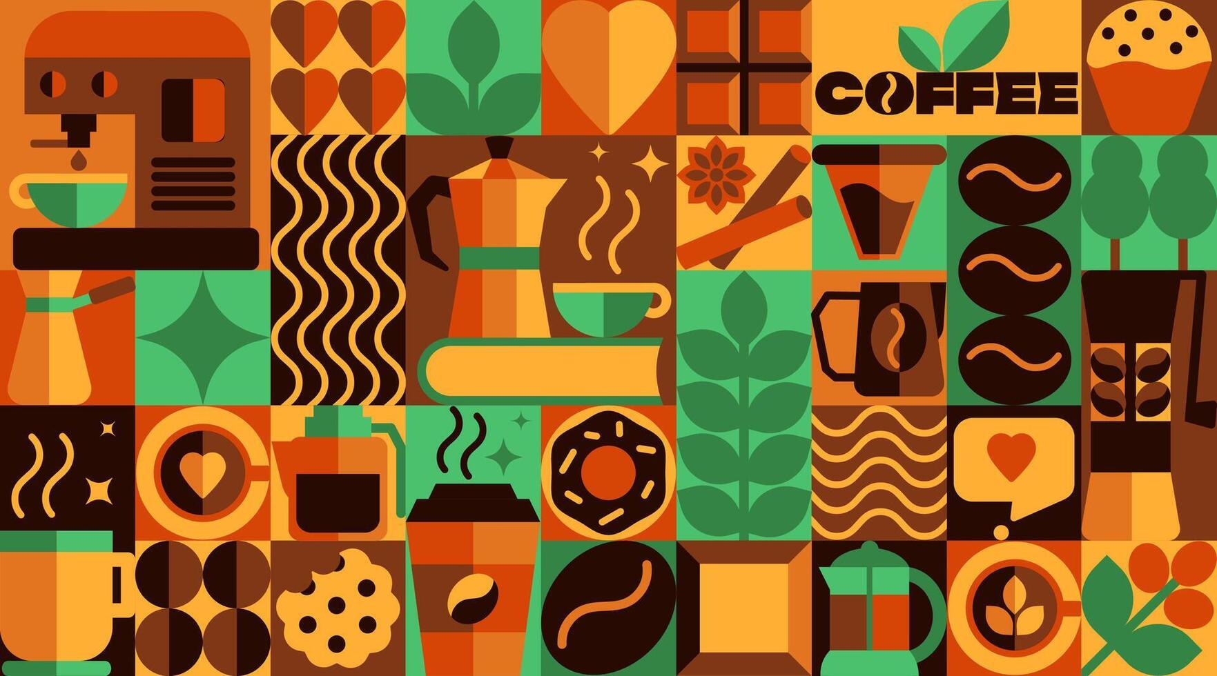 Bauhaus Coffee Pattern with Icons and Abstract Symbols, Beans, Cups, and More in Geometric vector