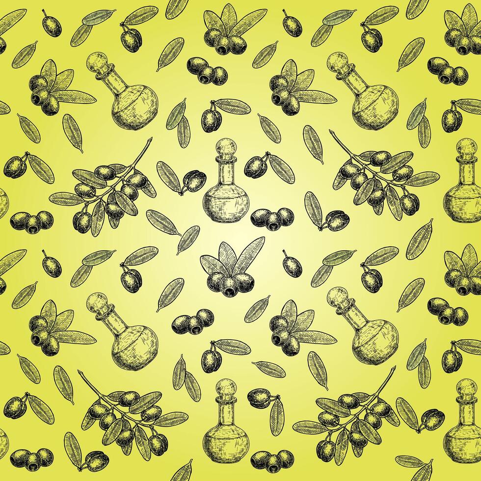 Seamless pattern with ink hand drawn olive tree and olive oil. For design food product and olive oil label. Vintage background vector