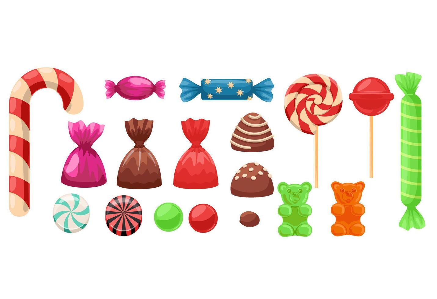 Set of bright sweets. Sweets, desserts, various chocolate candies, colorful lollipops. A collection of delicious, high-calorie food vector