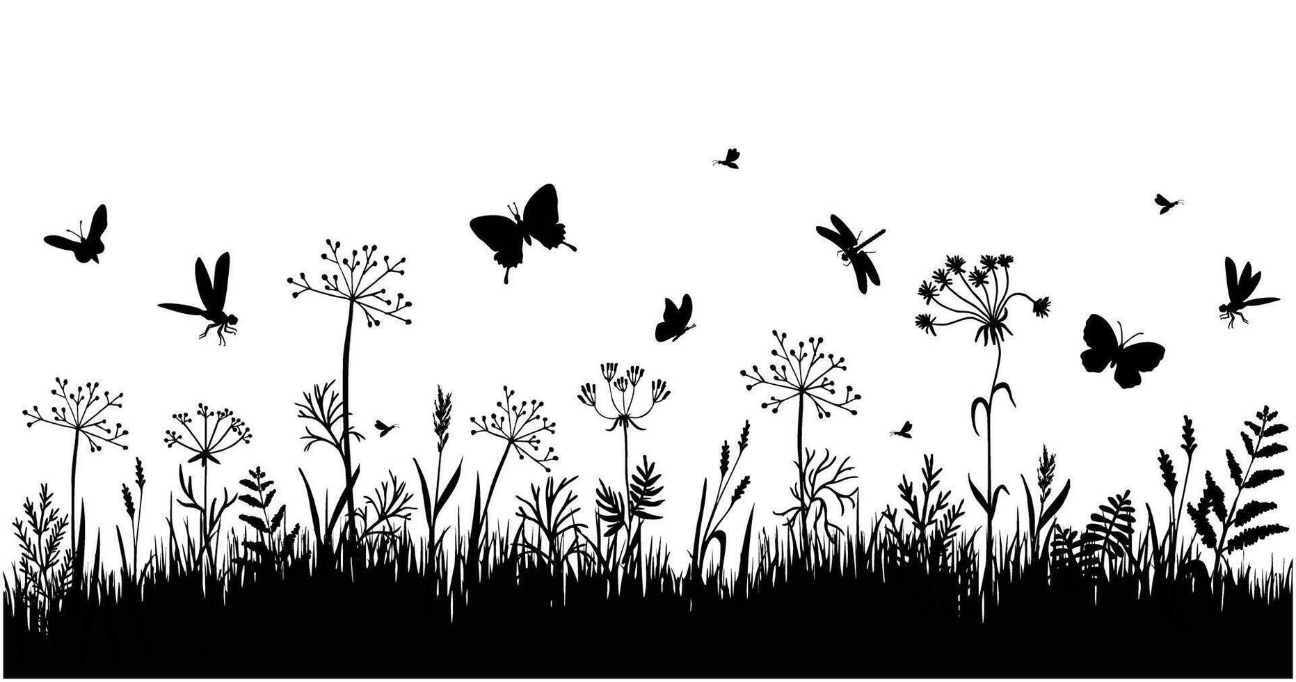 Grass borders. Black silhouette of grass, spikes and herbs. Abstract meadow line with grass and flowers vector