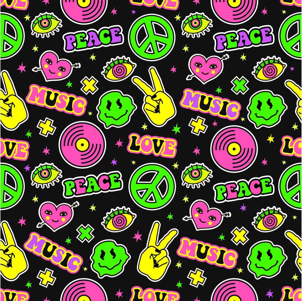 seamless background in trendy retro trippy style. Smiling groovy faces, vinyl, symbol of peace, Rock hand,acid, trippy style seamless pattern wallpaper print concept vector