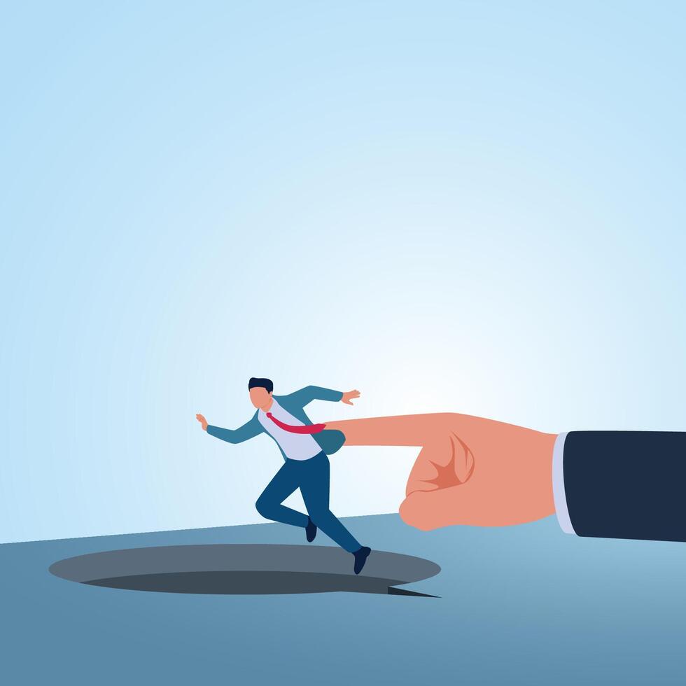 A man is pushed by a big finger into a hole. Illustration for bullying, violence and seniority. vector