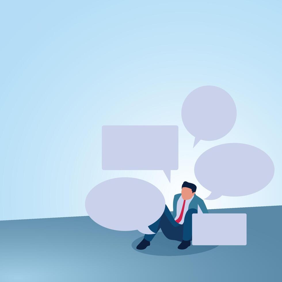 A man sits surrounded by chat bubbles. Illustration for bullying, violence and seniority. vector