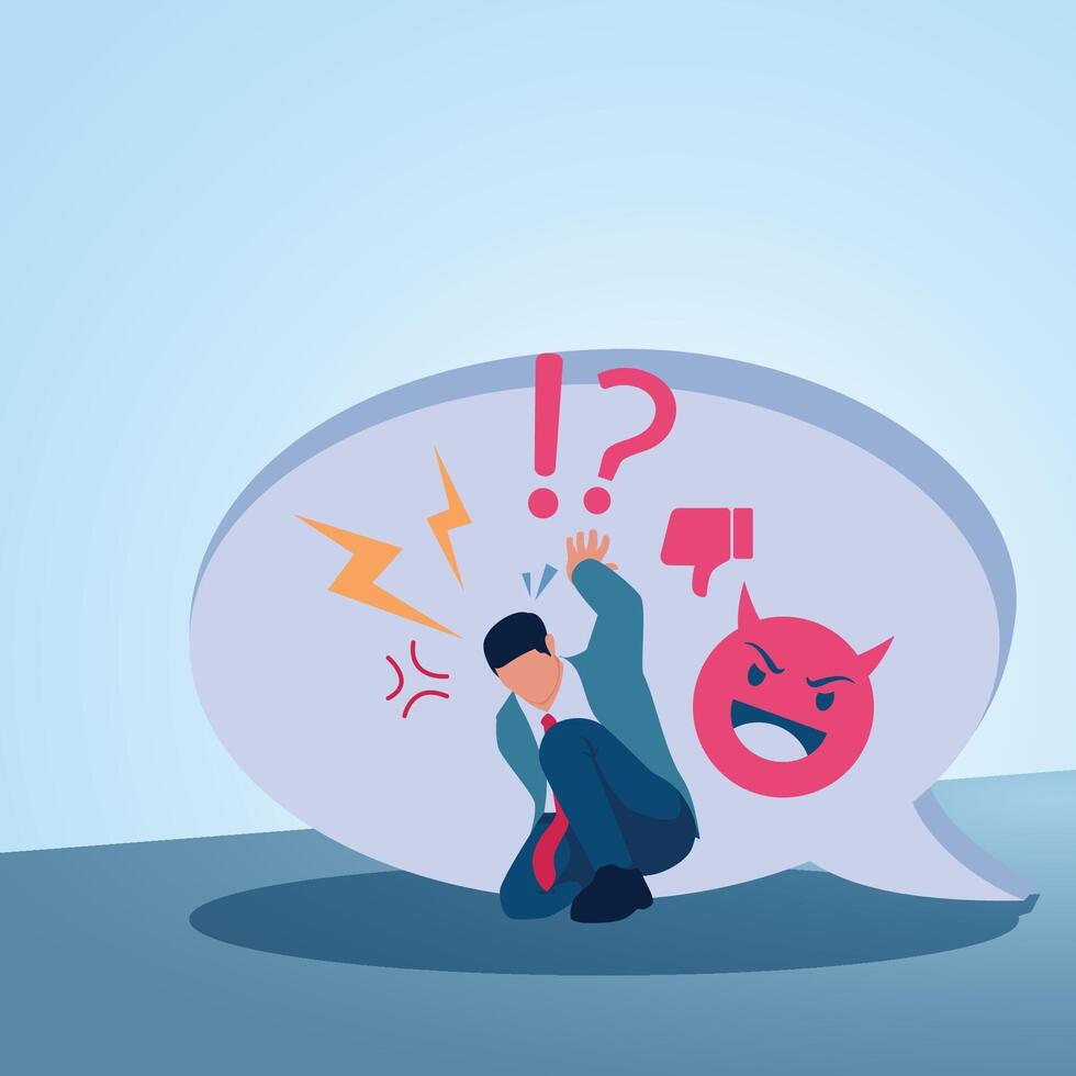A man holds up a chat bubble filled with angry and mocking emoji. Illustration for bullying, violence and seniority. vector