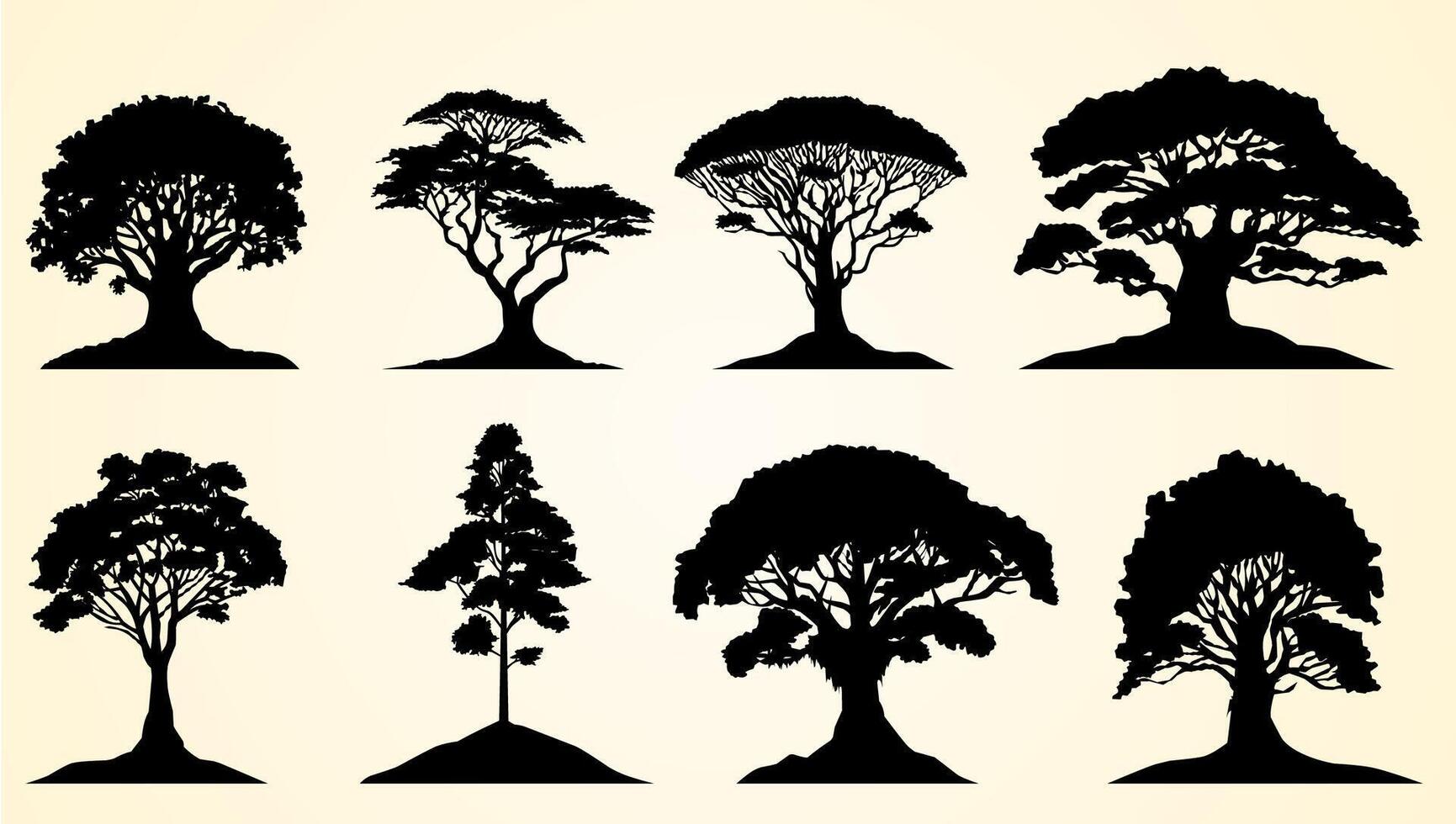 Silhouettes of various tree designs showcasing different shapes, branches, and artistic styles. vector