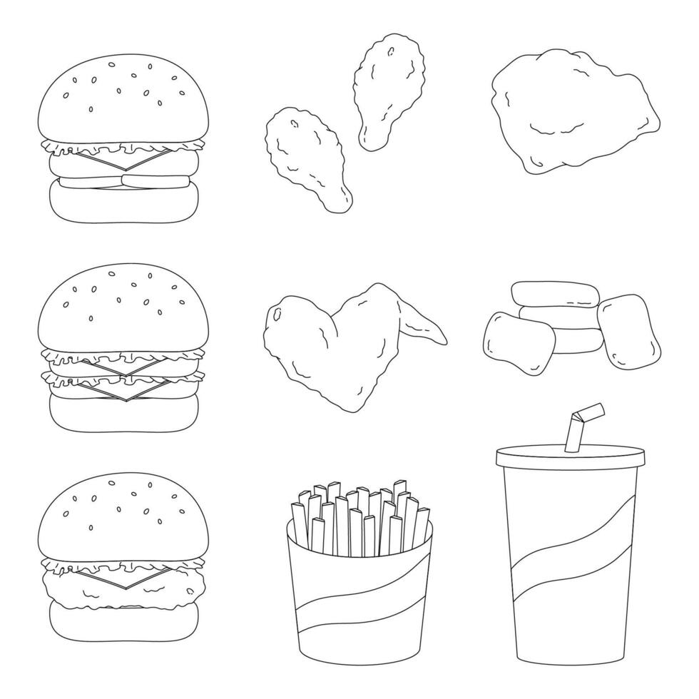 hamburger fried chicken outline set vector