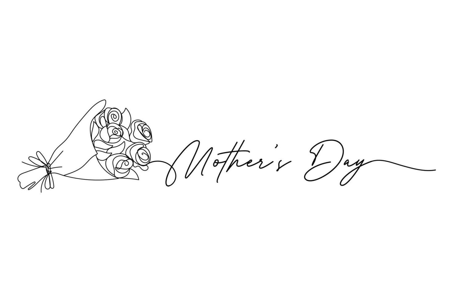 Mothers day, bouquet of roses. One solid line and text. for greeting card design vector